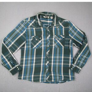 Salt Valley Western Mens XL Plaid Flannel Pearl Snap Shirt Green Blue Cotton